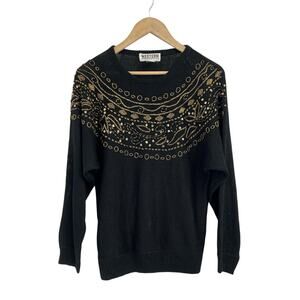 Vintage Western Connection Gold Sequin Black Sweater Medium Glam Rock 90s